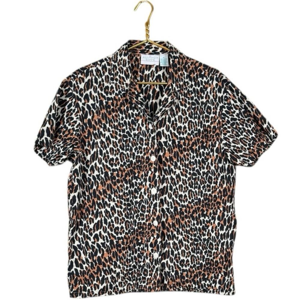 Allison Rhea 100% Cotton Pajama Set Leopard Print Button Top Pants Medium - Picture 6 of 13